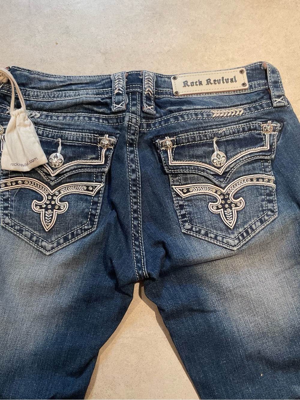 Rock Revival Dark Blue Boot Cut Jeans with Embroidered Pockets